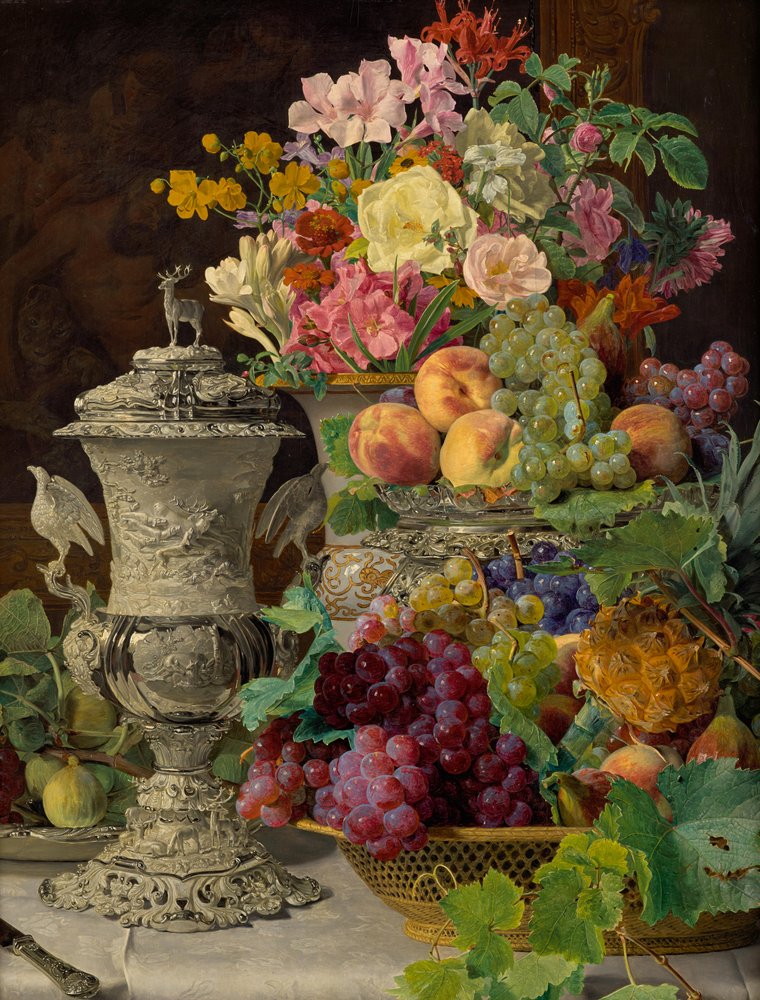 Stillleben mit Früchten, Blumen und silbernem Pokal von Ferdinand Georg Waldmüller