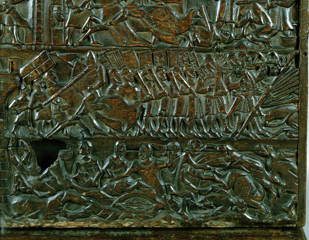 Die Courtrai-Truhe, die die flämische Schlachtlinie während der Schlacht der Goldenen Sporen in Courtrai 1302 darstellt (Detail) von Flemish School