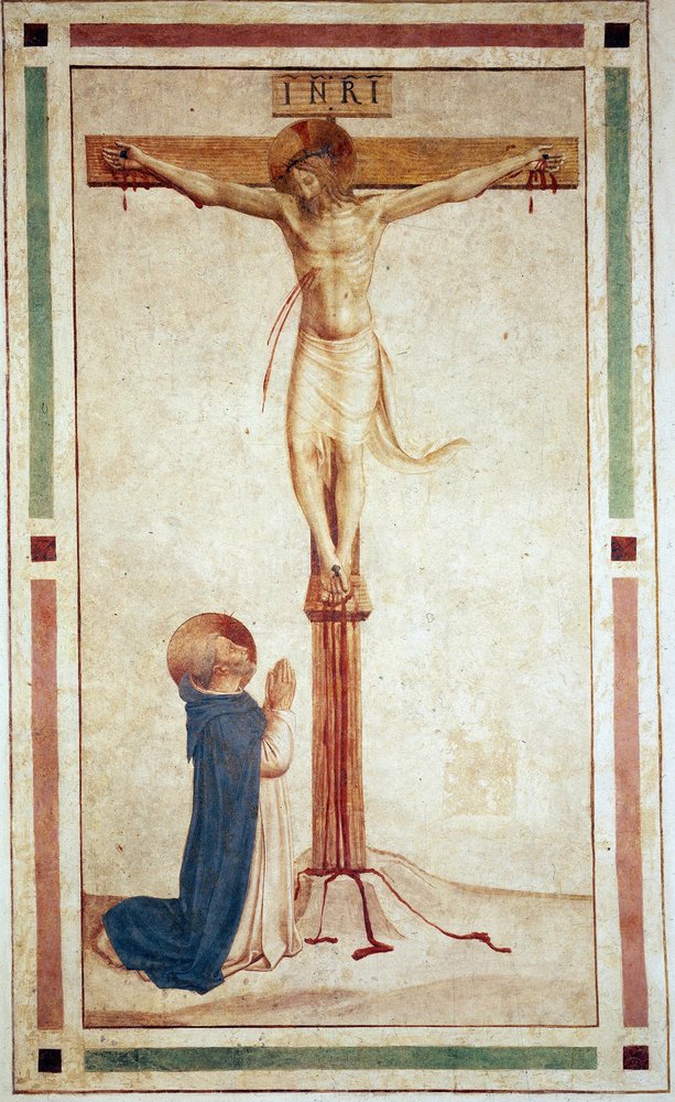 Die Kreuzigung mit dem Heiligen Dominikus. Inschrift "INRI" auf dem Kreuz. Fresko von Guido di Pietro von Fra Angelico
