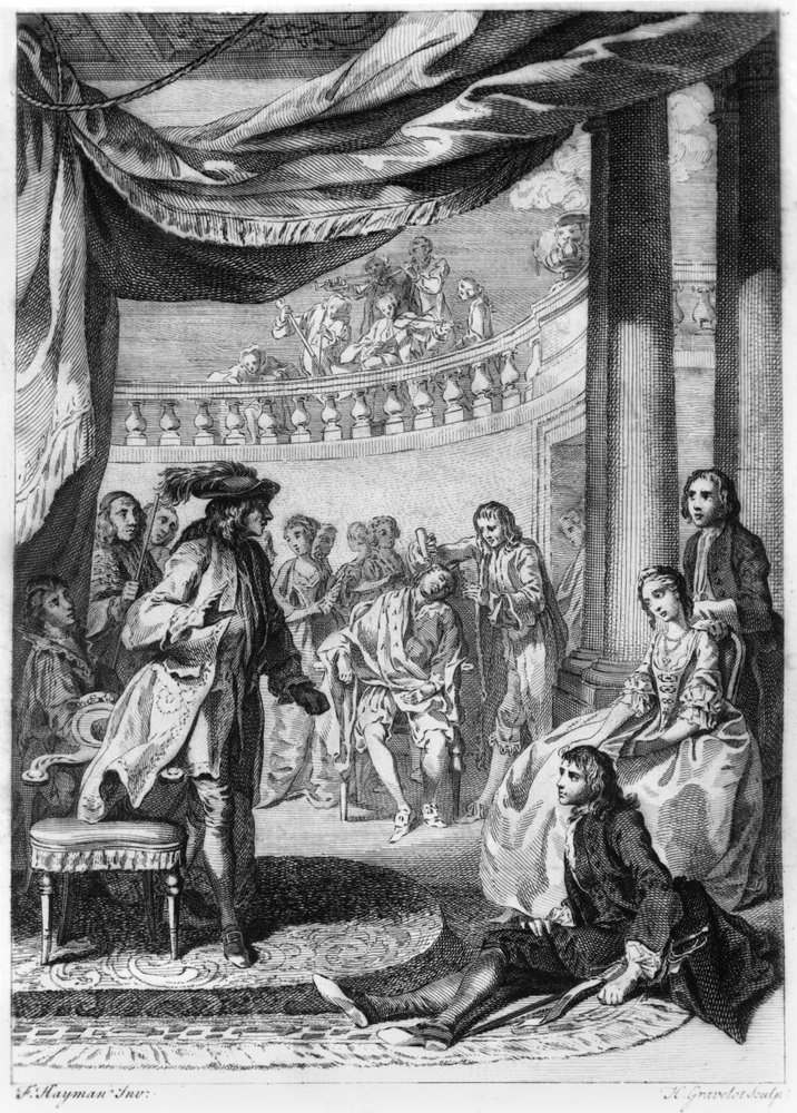 Die Theaterszene, aus „Hamlet“ von William Shakespeare (1564-1616), gestochen von Hubert Gravelot (1699-1773) von Francis Hayman