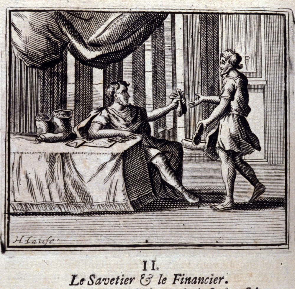 Der Schuster und der Finder. Fabeln von Jean de La Fontaine. Illustration von François Chauveau. Ausgabe von 1728. von Francois Chauveau