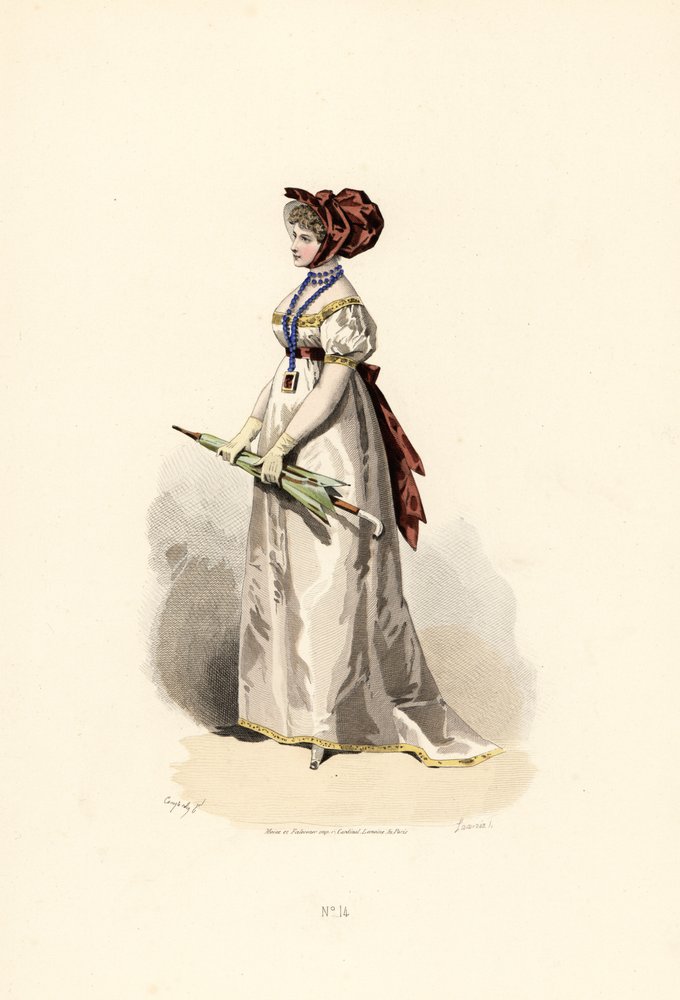 Frau im weißen Kleid mit strohfarbenem Besatz und Granatgürtel von Francois Claudius (after) Compte-Calix