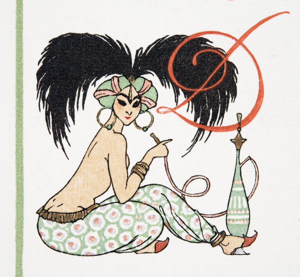 Arabisches Mädchen mit Wasserpfeife, aus Personages de Comedie, veröffentlicht 1922 (Pochoir-Druck) von Francois-Louis Schmied