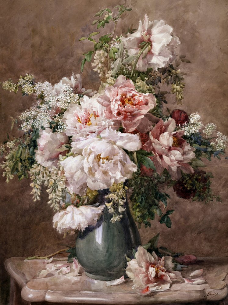 Stillleben mit Pfingstrosen und Rosen. Gemälde von François Rivoire