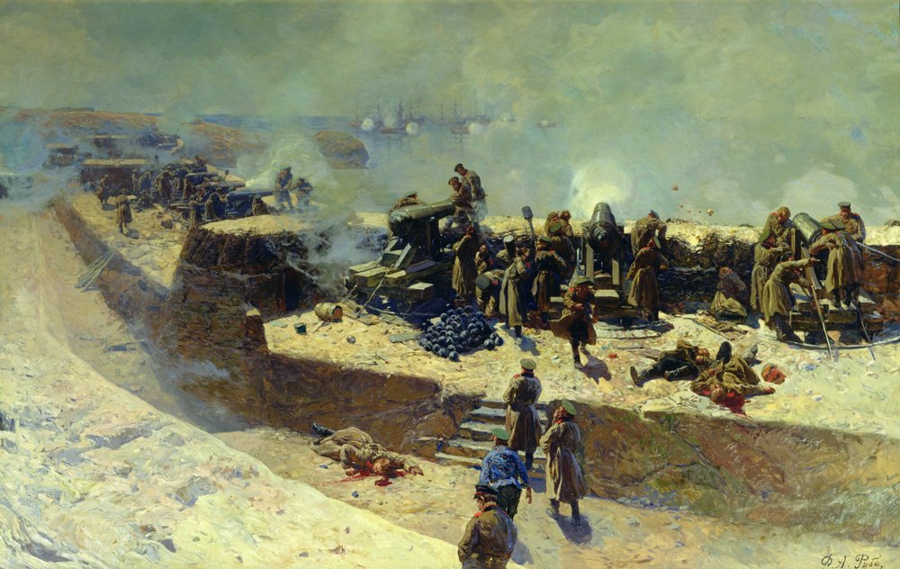 Die Alexander-Batterie greift die englisch-französische Flotte am 5. Oktober 1854 an, 1905 von Franz Roubaud