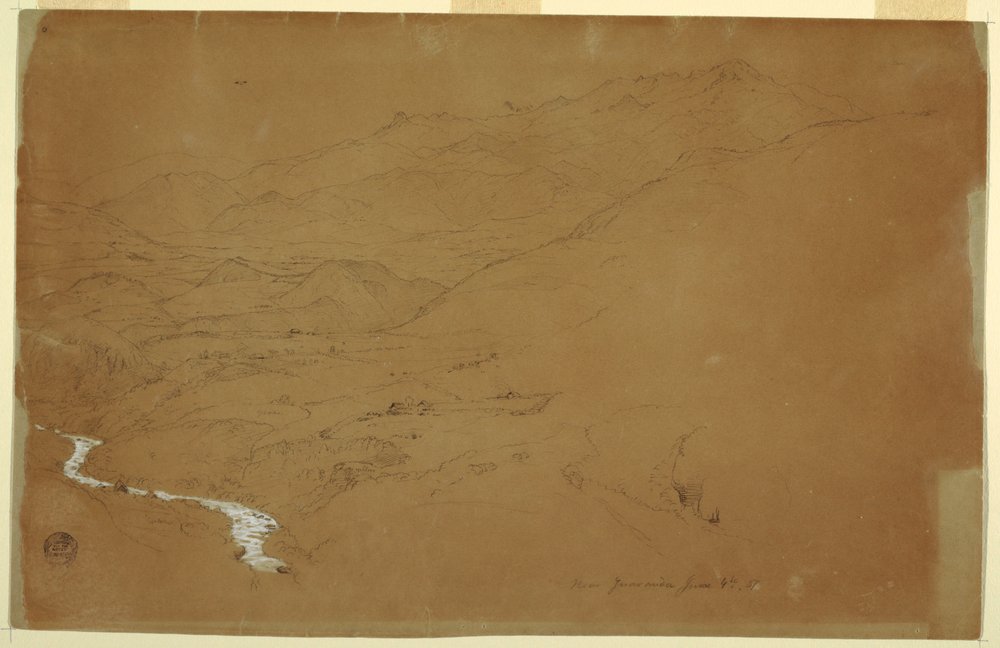 Tal mit einem Bach und Häusern, nahe Guaranda, Ecuador, 4. Juni 1857 von Frederic Edwin Church