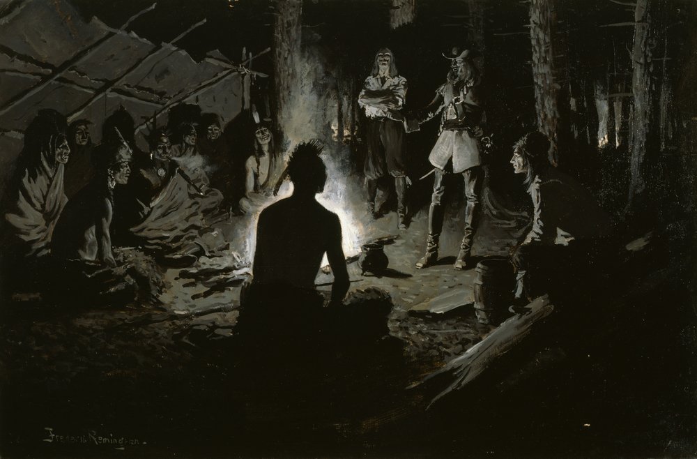 Französische Entdecker im Rat mit den Indianern (Am Irokesen-Ratfeuer) ca. 1901 von Frederic Remington