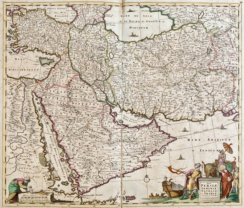 Karte von Persien (Iran), Armenien, Anatolien (Türkei) und Arabien (Arabische Halbinsel: Saudi-Arabien, Kuwait, Vereinigte Arabische Emirate, Oman, Katar, Jemen, Bahrain) von Frederick de Wit