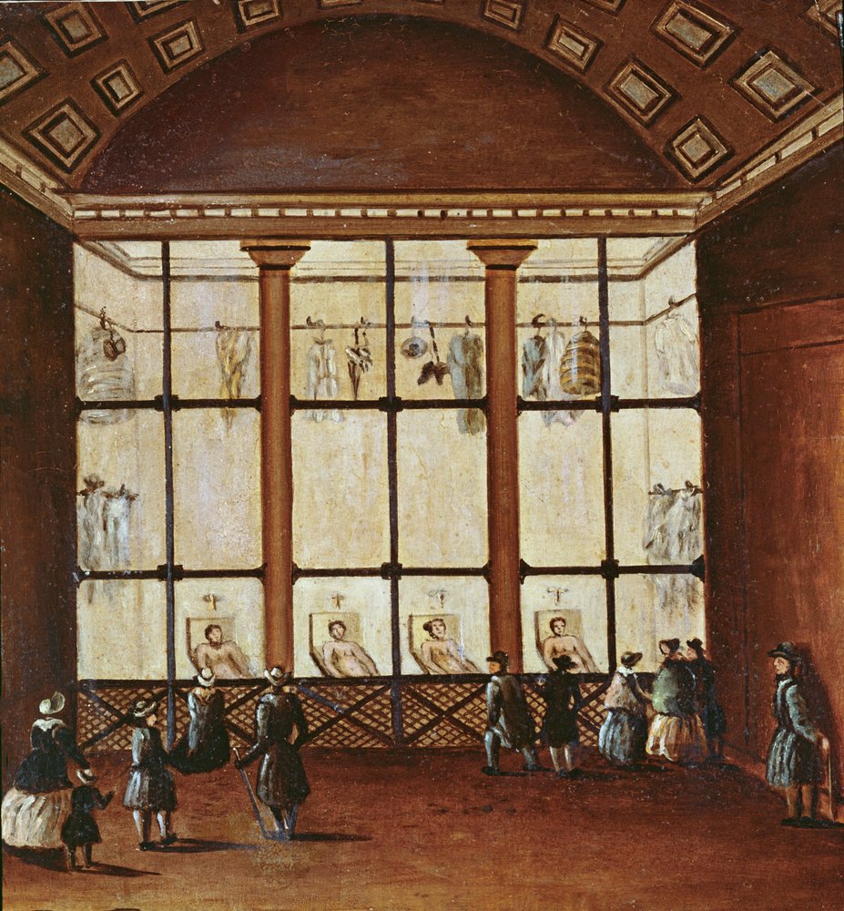 Die Morgue, das größte Leichenschauhaus in Paris, 1830-40 von French School