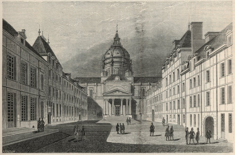 Der Hof der Sorbonne in Paris im 19. Jahrhundert - Gravur in „Tableau-de-Paris“ von Edmond Texier 1852. von French School