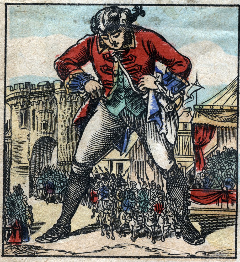 Lemuel Gulliver im Land der Lilliputaner. Illustration für "Gullivers Reisen" von Jonathan Swift (1667-1745). Epinal-Bildgebung Ende des 19. Jahrhunderts. von French School