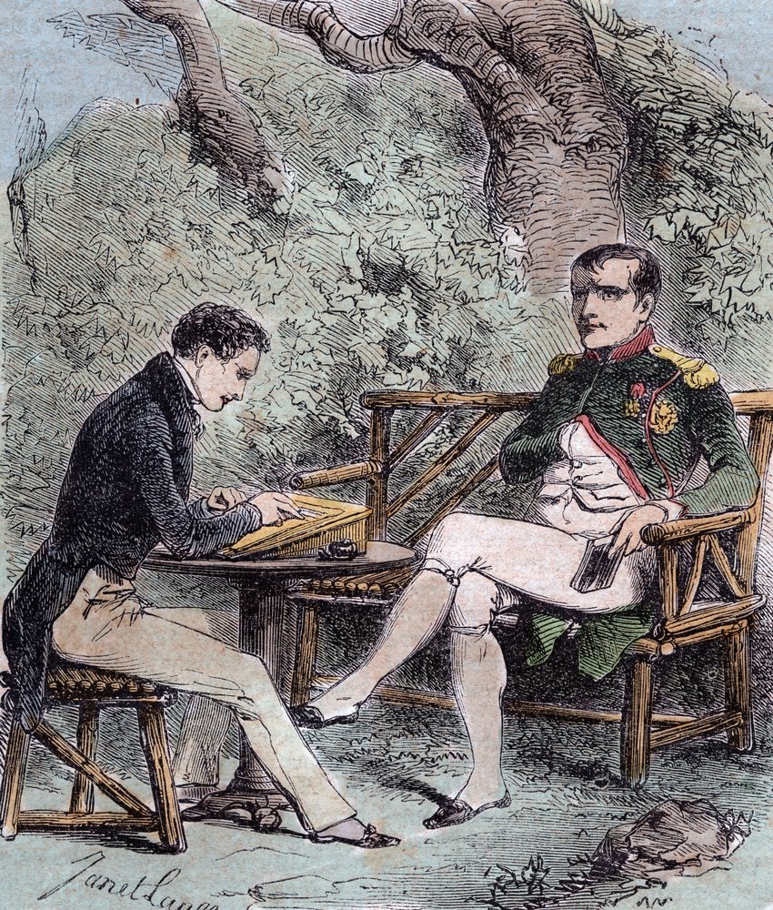 Napoleon auf St. Helena - Napoleon diktiert seine Memoiren an Emmanuel Pons de Las Cases (1800-1854), Sohn von Emmanuel de las Cases - Aus Emmanuel de las Cases, Napoleon, Memorial de Sainte-Helene von French School
