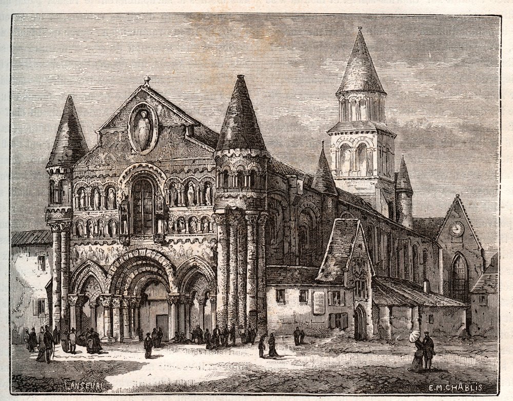Notre-Dame von Poitiers - Gravur in „La France illustrée: Geographie, Geschichte, Verwaltung, Statistik“ von V.A. Malt-Brown. 1884 von French School