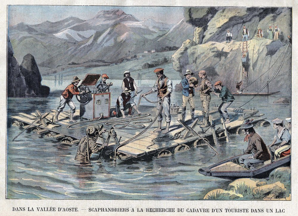 Suche eines Tauchers nach dem Körper eines ertrunkenen Touristen in einem See im Aostatal von French School