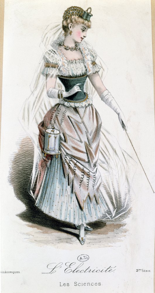 Die Elektrizitätsfee, Kostüm für einen Kostümball mit Batterie, ca. 1885 von French School