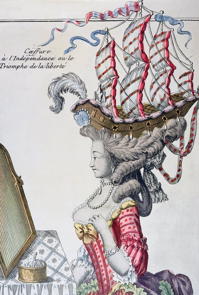 Frau in einem Tageskleid mit einer Frisur à la Belle Poule, Zeit der amerikanischen Unabhängigkeit, 1779-80 von French School