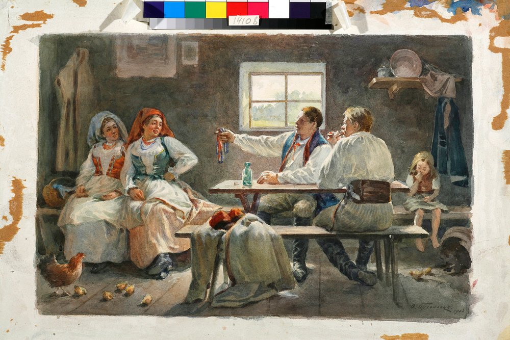 Der Verführer: Ein Mann zeigt mit dem Finger auf eine der beiden jungen Bäuerinnen, die neben dem Tisch sitzen, an dem er Platz genommen hat - Werk von Fjodor Fjodorowitsch Buchholz (Feodor Feodorovich Bukholts, Teodor Buchholz) (1857-1942) von Fyodor Buchholz