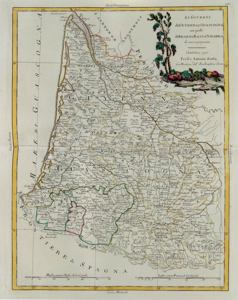 Die Gouvernements von Guyenne und Gascogne mit Béarn und Unter-Navarra, Stich von G. Zuliani aus Band I des Neuesten Atlas, veröffentlicht in Venedig 1776 von Antonio Zatta, Privatsammlung von G. Zuliani