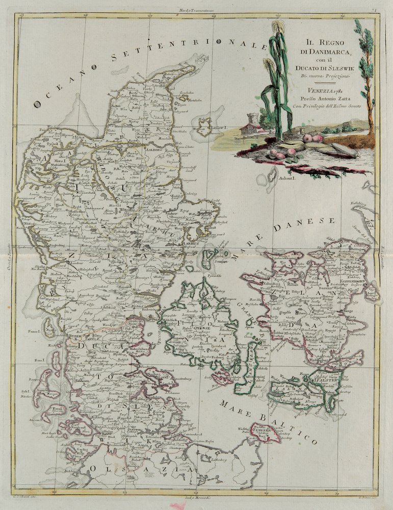 Königreich Dänemark mit dem Herzogtum Schleswig, Stich von G. Zuliani aus Band III des "Neuesten Atlas" veröffentlicht in Venedig 1781 von Antonio Zatta, Privatsammlung von G. Zuliani