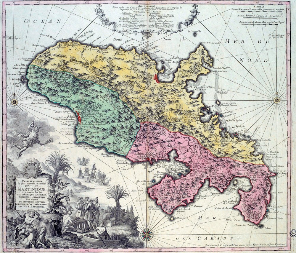 Detaillierte Karte der Insel Martinique in den Westindischen Inseln. Gravur von Matthew Seutter (1678-1757) 18. Jahrhundert von Georg Matthäus Seutter