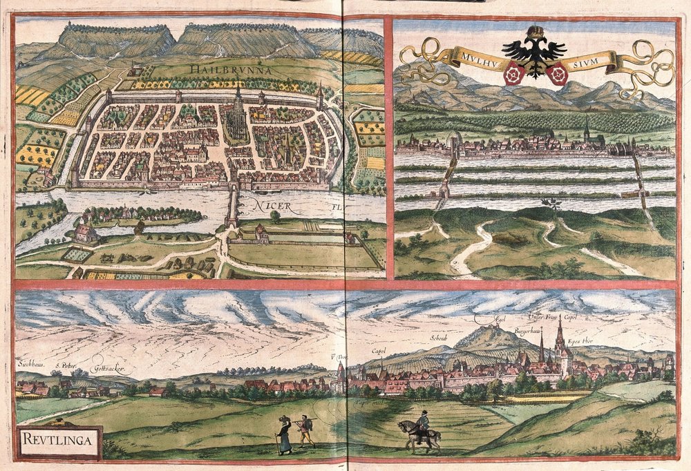 Heilbronn (Deutschland), Mülhausen (Frankreich) und Reutlingen (Deutschland) von Georg Braun and Hogenberg Franz