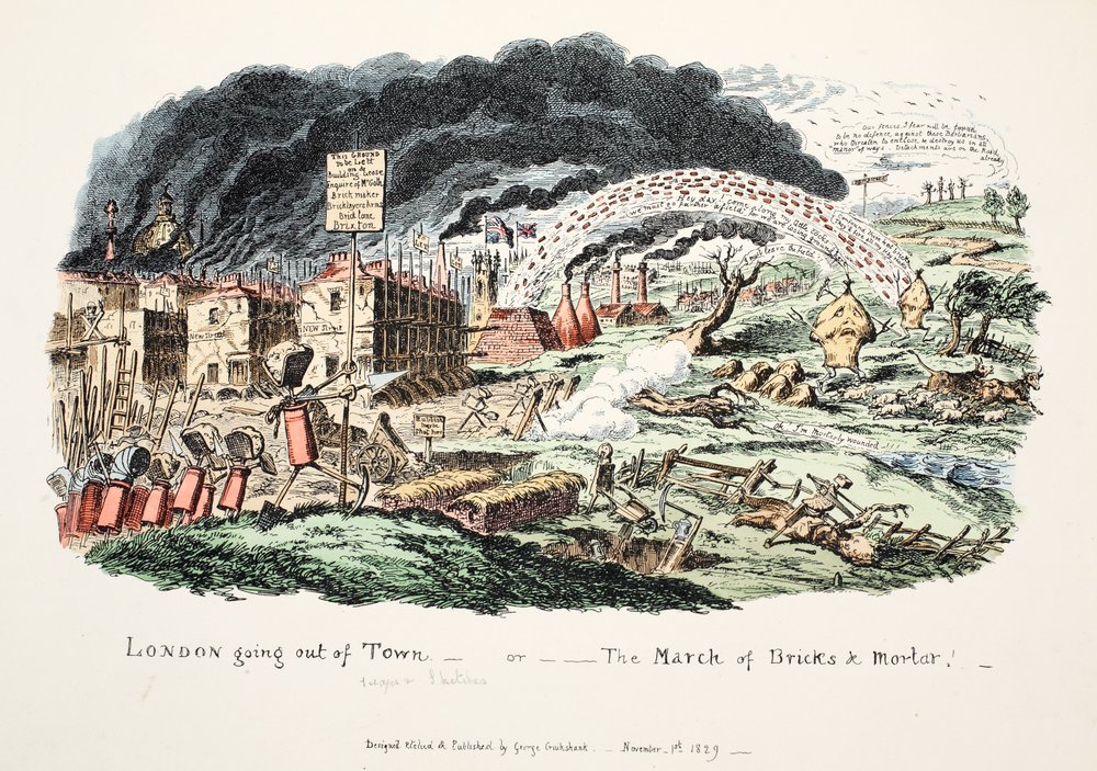 London verlässt die Stadt oder „Der Marsch von Ziegeln und Mörtel“, 1829 von George Cruikshank