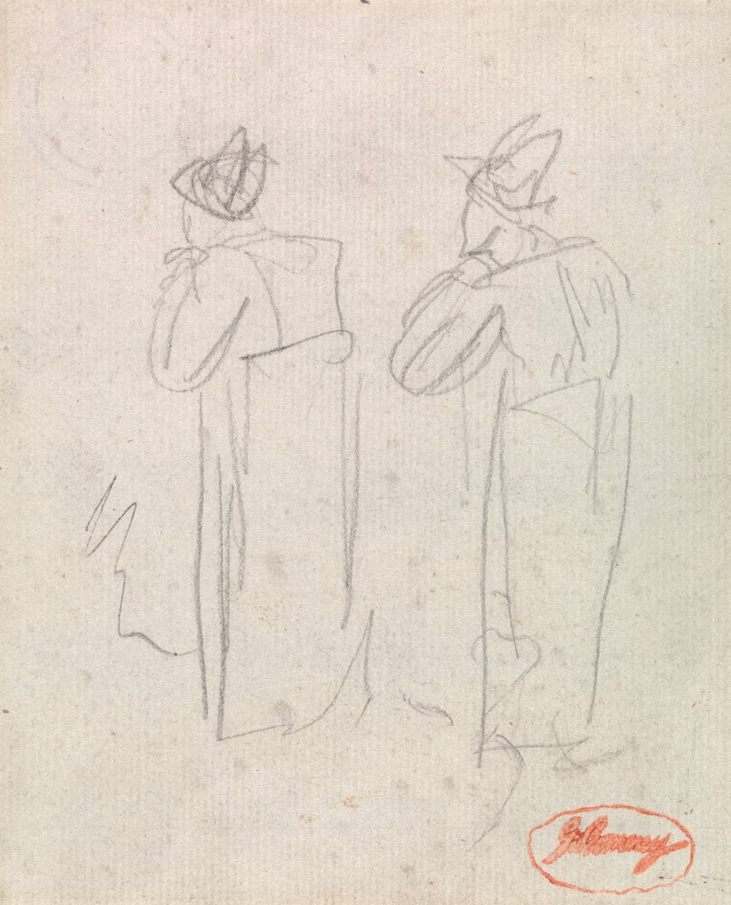 Zwei stehende Figuren mit hohen Hüten von George Romney