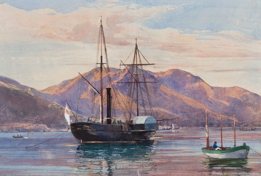 Gaeta: eine Dampffregatte, möglicherweise das königliche Dampfschiff Delfino oder Archimede, die die Borbone-Flagge führt, mit Ergänzungen eines Borbone-Schülers, möglicherweise Prinzessin Maria Annunziata di Borbone (1843-1871) von Giacinto Gigante
