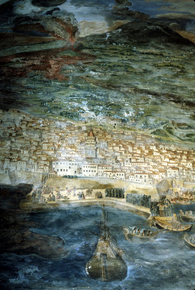 Im Jahr 1669 wurde die Stadt Catania (Sizilien) durch den Ausbruch des Ätna verwüstet. Gemälde von Giacinto Platanio. Sakristei des Doms von Catania. von Giacinto Platanio