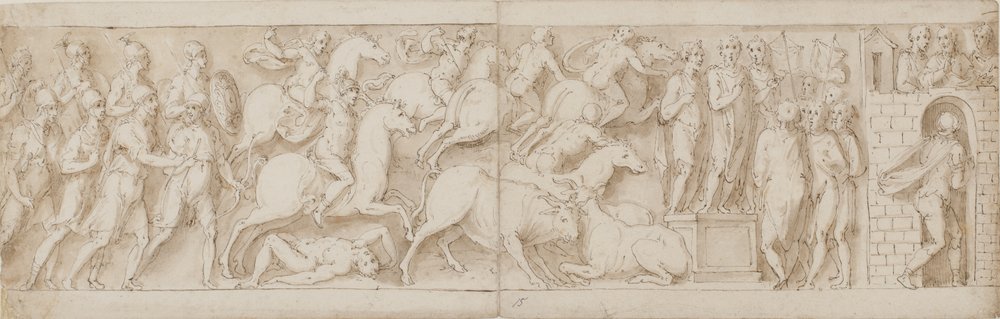 Römische Bogenschützen(?), Römischer Angriff (XCIX); Marcus Aurelius spricht zu seinen Wachen (C); Marcus Aurelius erhält eine Warnung (CI) von Giovanni Guerra
