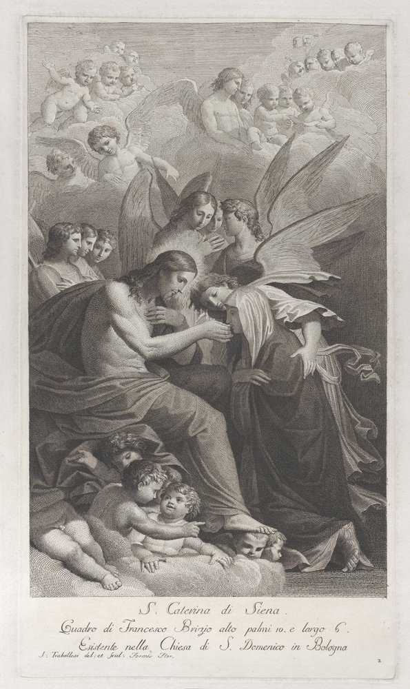 Christus gibt die heilige Hostie der knienden Heiligen Katharina von Siena... von Giuliano Traballesi