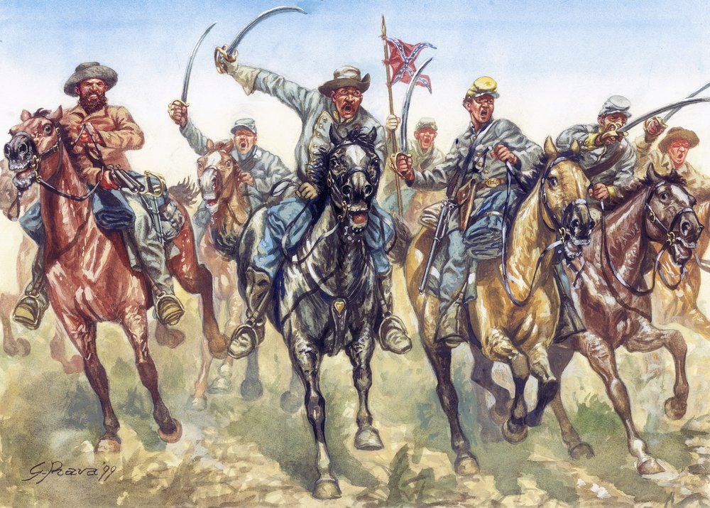 Sezessionskrieg (1861-1865) - Amerikanischer Bürgerkrieg: die konföderierte Kavallerie im Angriff - Illustration von Giuseppe Rava von Giuseppe Rava