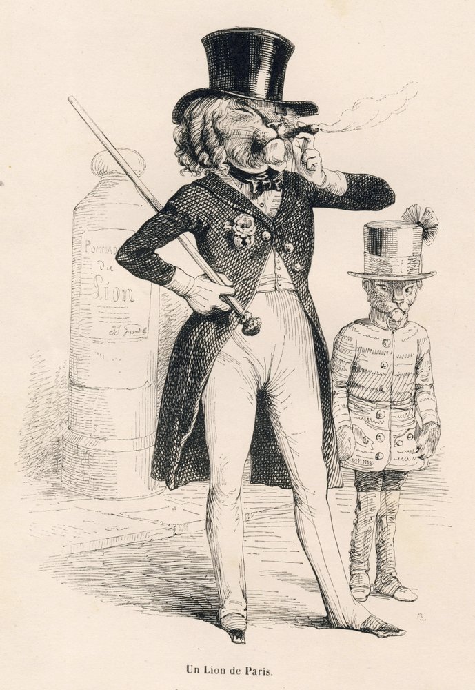 Löwe von Paris. Illustrierte Vignetten von JJ Granville. Gravur signiert Andrew, Best und Leloir im Teil "Reise eines afrikanischen Löwen nach Paris" geschrieben von Honoré de Balzac in "Szenen aus dem privaten und öffentlichen Leben der Tiere". Paris, J.  von Grandville