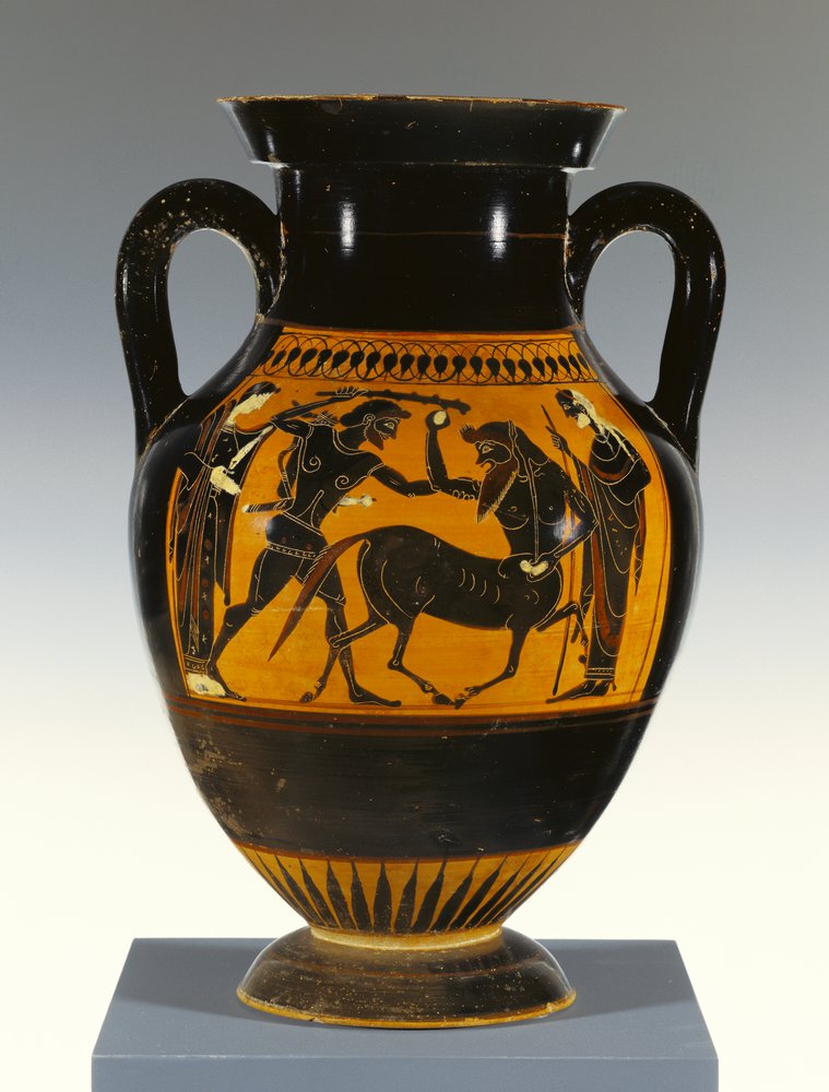 Attisch-schwarzfigurige Amphora Typ B mit Herakles, der den Zentauren angreift, 530-20 v. Chr. (Terrakotta) von Greek