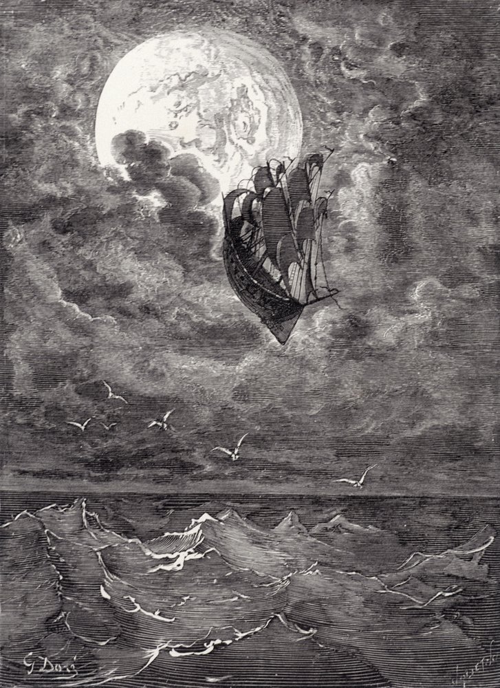 Eine Reise zum Mond, aus „Die Abenteuer des Baron Münchhausen“ von Rudolph Erich Raspe, gestochen von Auguste Joliet, ca. 1868 von Gustave Dore