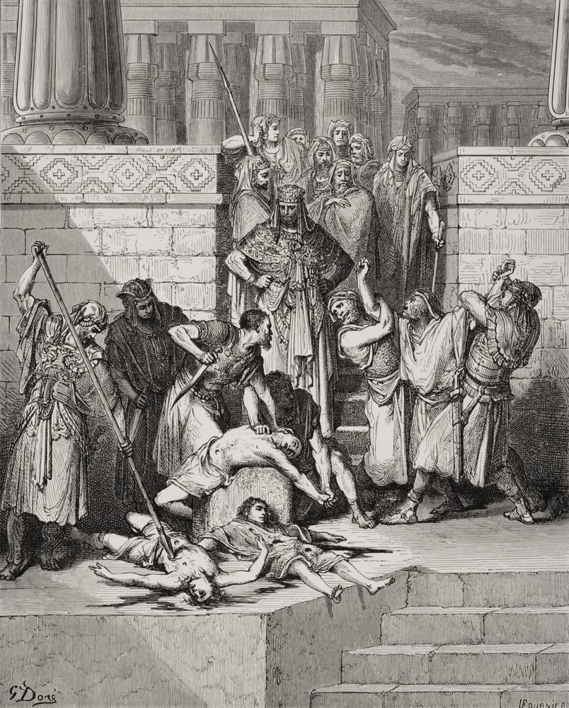 Schlachtung der Söhne Zedekias vor ihrem Vater, II Könige 25:7, Illustration aus Dores 