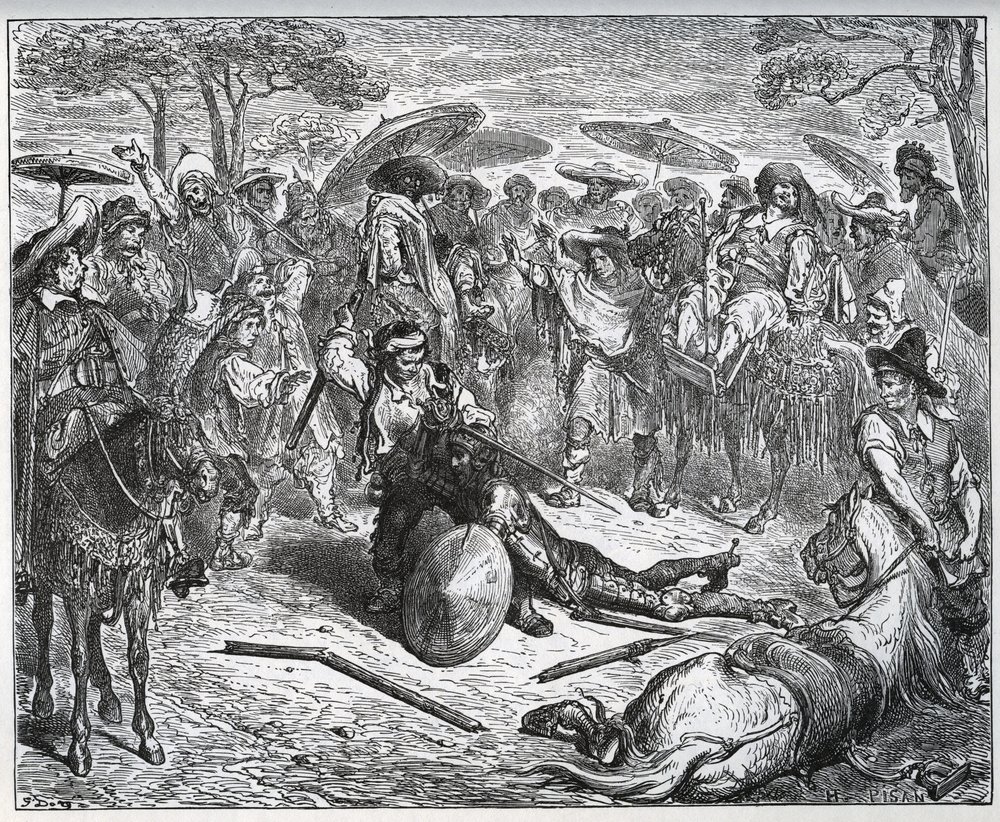 Don Quijote wird inmitten einer Gruppe von Kaufleuten geschlagen - Der Maultiermacher hatte Gefallen am Spiel gefunden - aus "Don Quijote von der Mancha" von Miguel Cervantes von Gustave Dore