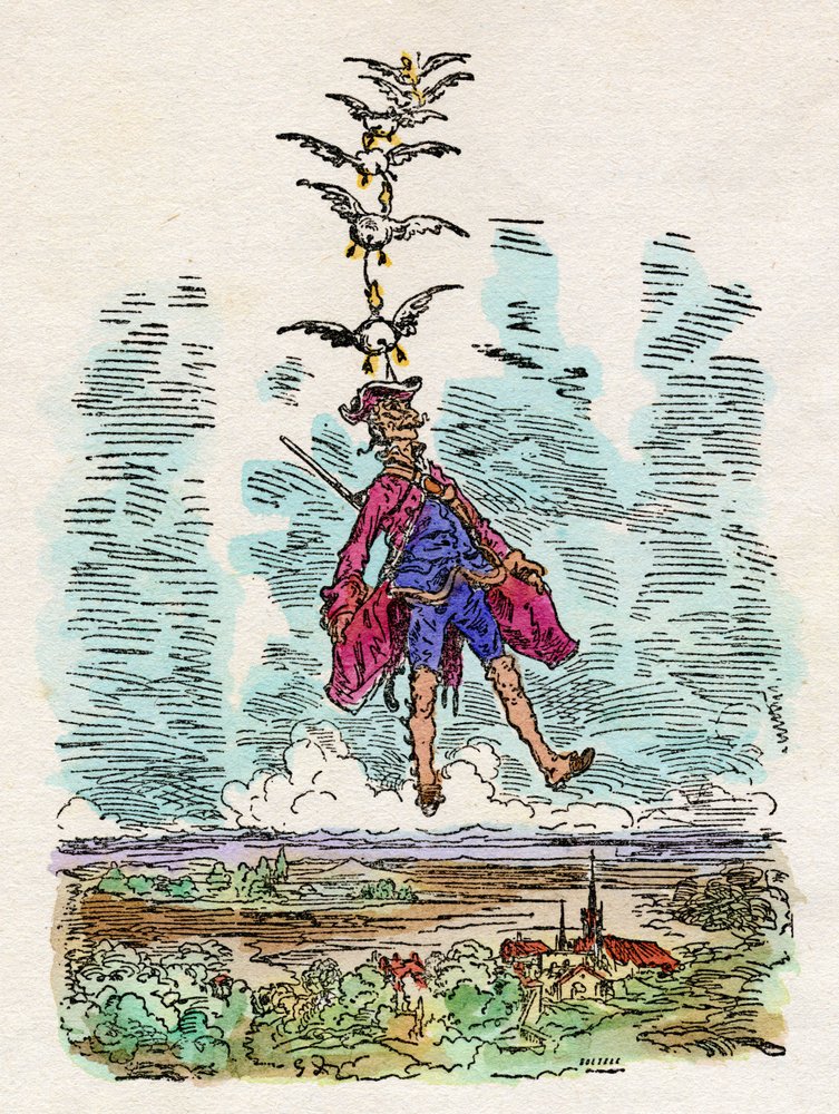 Die Enten heben den Baron von Münchhausen in die Luft. Illustration von Gustave Doré (1832-1883) für "Die wunderbaren Land- und Seeabenteuer des Barons von Münchhausen" von Rudolf Erich Raspe (1737-1794) von Gustave Dore