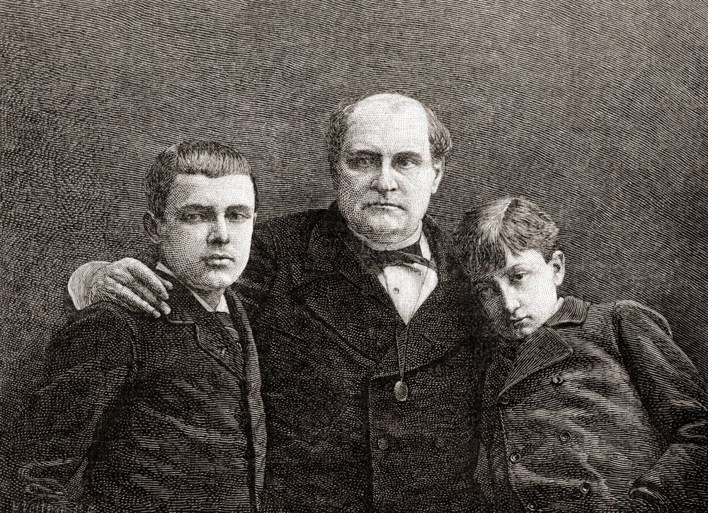 Prinz Napoléon Bonaparte mit seinen zwei Söhnen Victor und Louis, aus The Century Illustrated Monthly Magazine, veröffentlicht 1884 von H. Velten