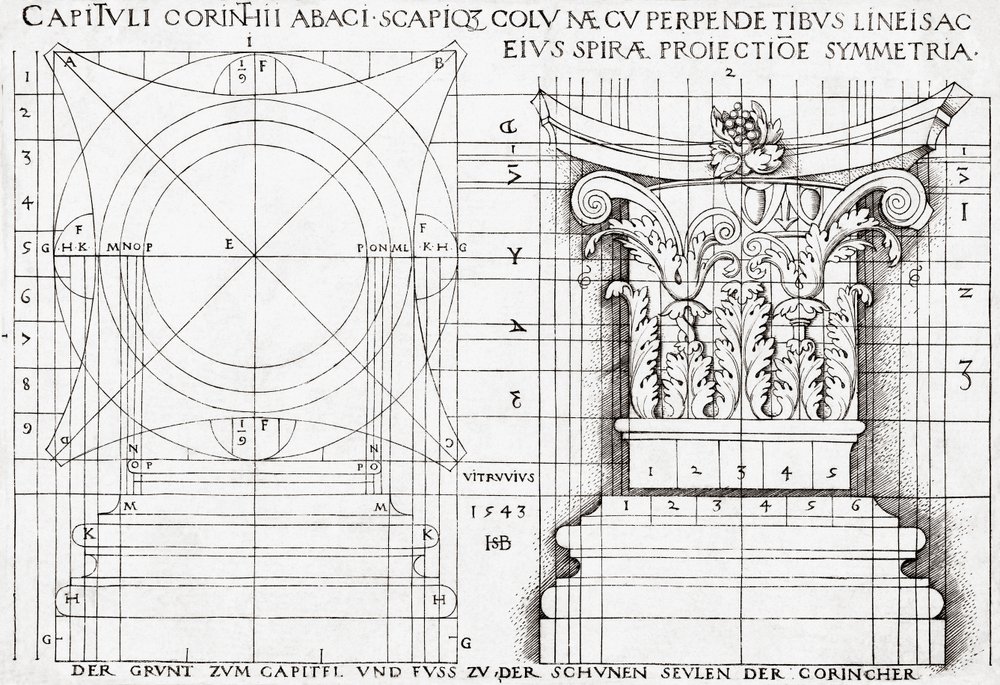 Querschnitt eines korinthischen Kapitells und Proportionszeichnung von Hans Sebald Beham