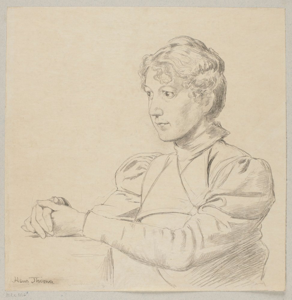 Porträt eines jungen Mädchens mit den Händen auf dem Tisch, bis zur Taille dargestellt von Hans Thoma