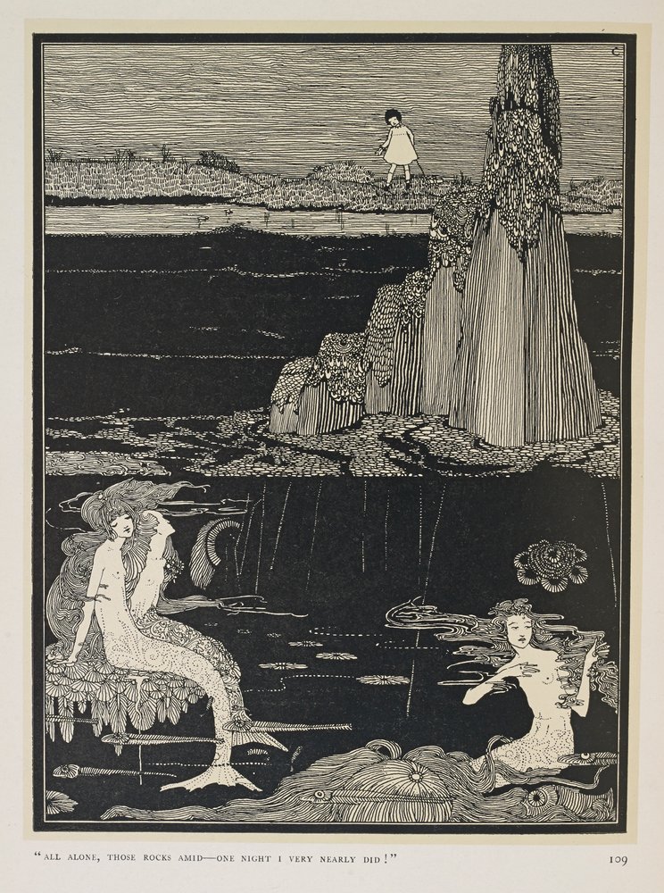Beinahe! "Ganz allein, zwischen diesen Felsen - eines Nachts wäre ich fast!" Drei Meerjungfrauen von Harry Clarke