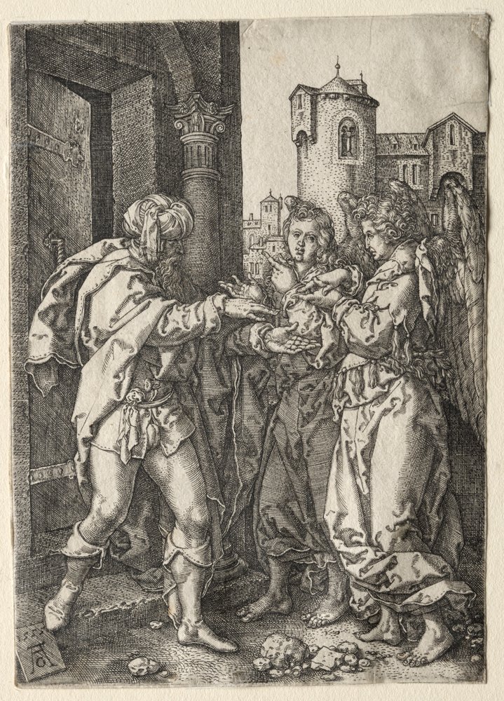 Die Geschichte von Lot: Lot begrüßt die Engel von Heinrich Aldegrever