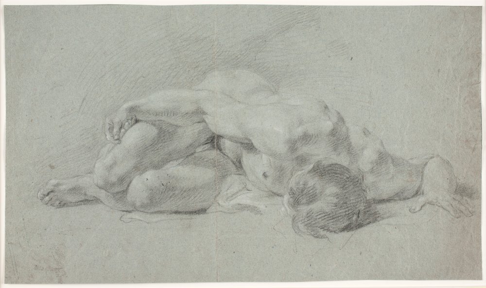 Männliches Modellstudie, liegend, zusammengekauert von Hendrik Krock