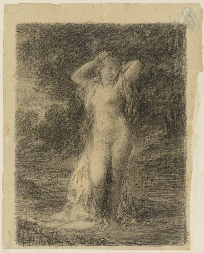 Stehende nackte Frau in einer Waldlandschaft mit Wasser von Ignace Henri Jean Fantin-Latour