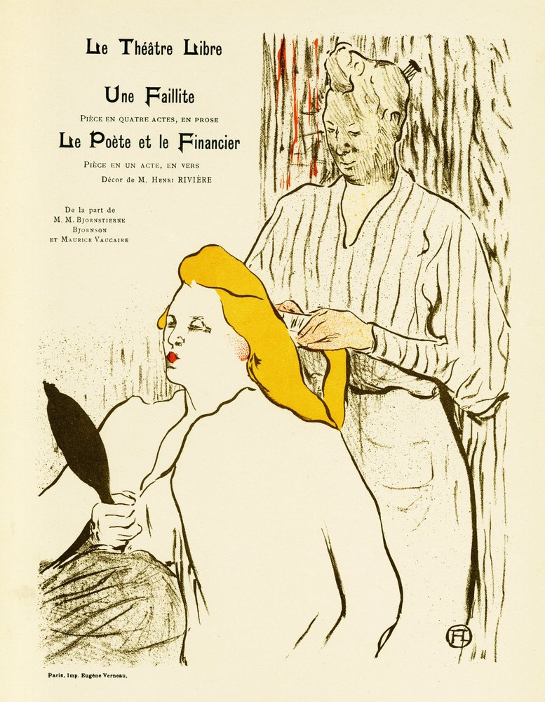 Eine blonde Frau betrachtet sich im Spiegel, während sie sich die Haare frisieren lässt von Henri de Toulouse-Lautrec