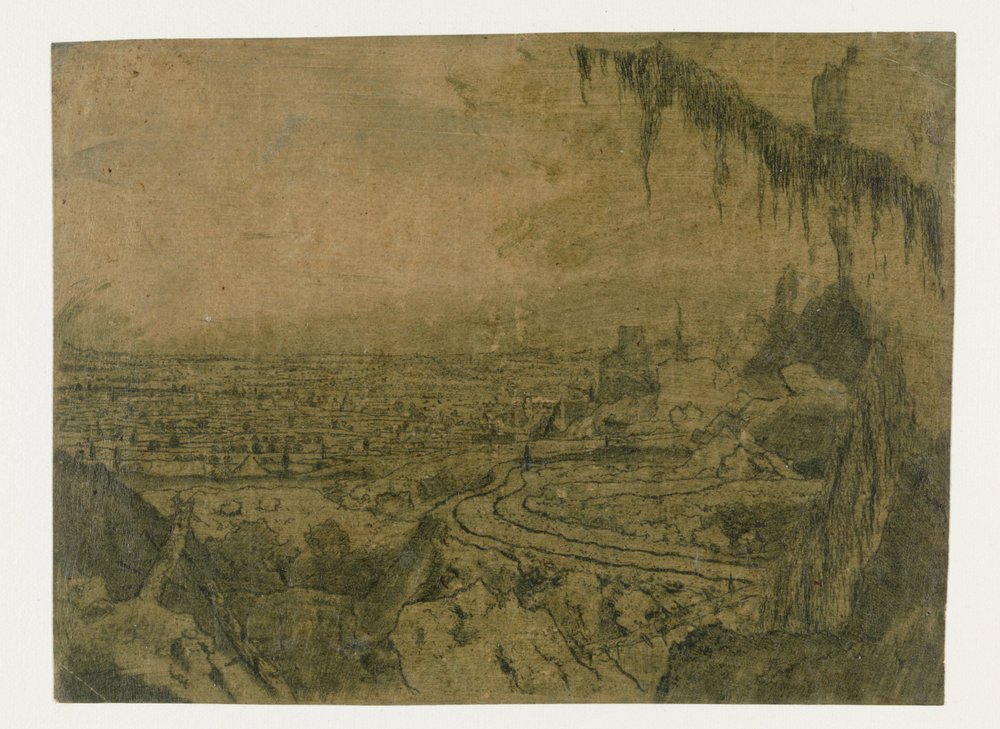 Fernsicht mit Straße und moosigen Ästen von Hercules Segers