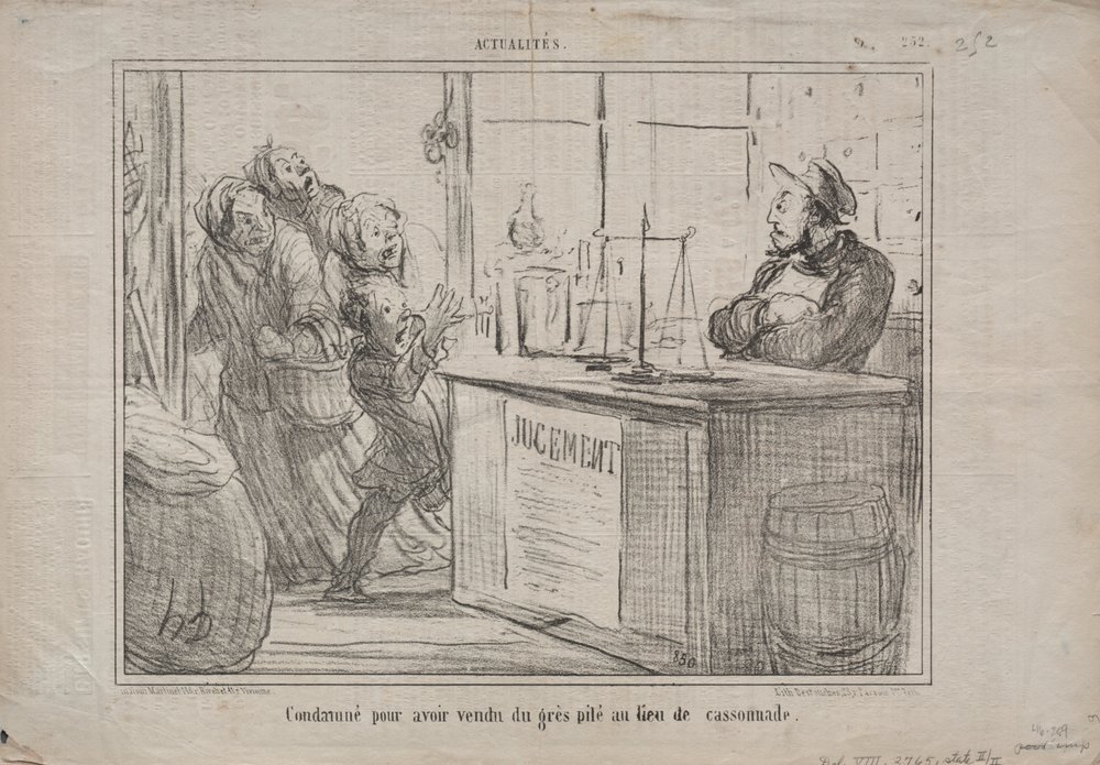 Tatsachen (Nr. 252): Verurteilt, weil er einen Sandhaufen anstelle von feuchtem braunem Zucker verkauft hat von Honoré Daumier