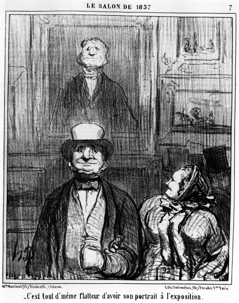 Es ist schmeichelhaft, sein Porträt in der Ausstellung zu haben, aus „Gemälde und Salons“, eine Serie von Karikaturen von Honore Daumier (1808-1879). „Charivari“ von Honoré Daumier
