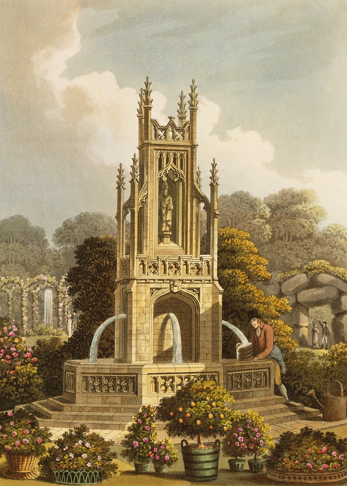 Entwurf für eine in Ashridge geplante Wasserleitung mit Fernblick auf den Rosengarten und den Mönchsgarten, aus „Fragments on the Theory and Practice of Landscape Gardening“, veröffentlicht 1816 von Humphry Repton